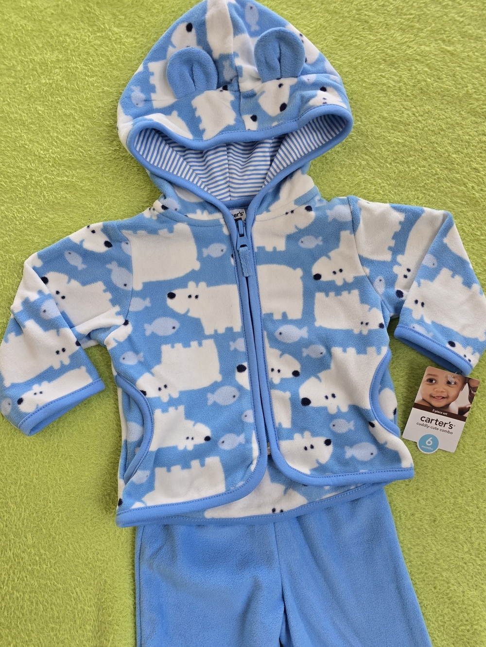 NWT 3-6M Baby BOYS - FLEECE BLUE & WHITE HOODED CARDIGAN & PANTS POLAR BEAR (Q5)